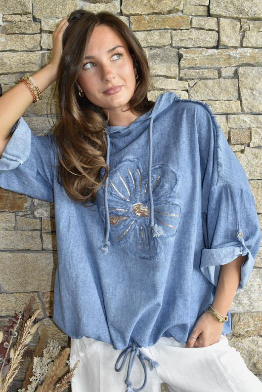 Rustic Nature Linen Blend Hippie Shake Hoodie Washed Navy